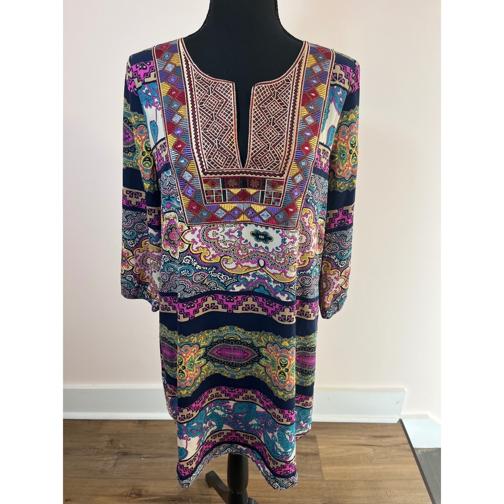 Pink Owl Navy Embroidered V-Neck Paisley Print 3/4 Sleeve Tunic Shift Dress M